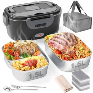 lot 1563 image: Geveniss Electric Lunch Box for Men, Women & Adults - 80W Fast Heating - Heated Lunch Box with Dual 1.5L SS Containers - Portable Food Warmer for Car, Truck, Office