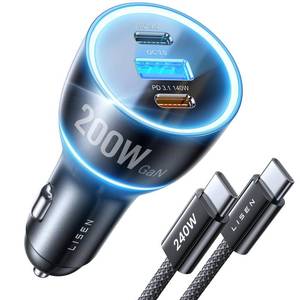 lot 2278 image: LISEN 200W Car Charger USB C Fast Charge GaN PD 140W Fast Car Charger