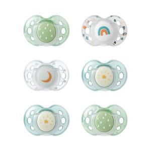 lot 2308 image: Tommee Tippee Night Time Pacifier, 18-36 Months, Symmetrical Silicone Baglet, BPA-Free Binkies, Glow in The Dark Technology, Green Rainbow, Pack of 4