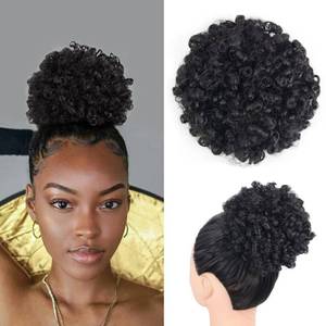 lot 2322 image: Yinmei Baibian Curly Wavy Afro Puff Drawstring Ponytail Hair Extension for Black Women Loose Wave Short Mini Afro Puff Hairpieces(1B#)