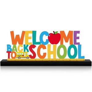 lot 2323 image: MiniInflat Welcome Back to School Metal Sign First Day of School Table Decor Metal Word Sign with Wooden Base for Classroom Teacher Party Favor Supplies Tiered Tray Decor Shelf Tabletop Decorations