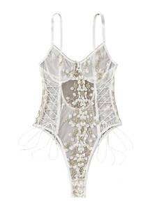 lot 2324 image: Lilosy Sexy Lace Bodysuit Sheer Women Lingerie Outfit White XL