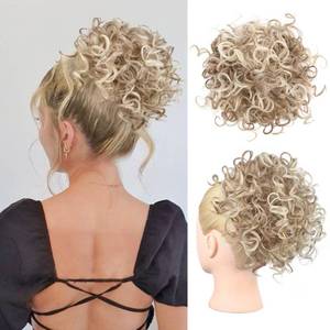 lot 2347 image: HOOJIH 1PC Messy Hair Elastic Drawstring Loose Wave Large Curly Bun 60 Gram Short Synthetic Ponytail Extension - Honey Blonde with Lightest Blonde Highlights