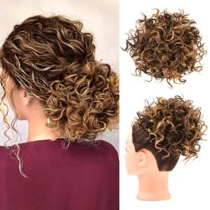 lot 2350 image: HOOJIH Curly Hair Bun, Messy Bun Hair Piece Elastic Drawstring Large Full Extension Hairpiece Short Synthetic Ponytail Extension for Women - Chocolate Brown with Golden Highlights