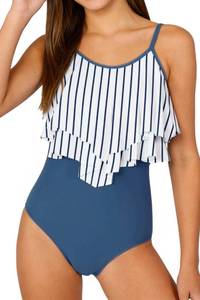 lot 2392 image: TUONROAD Girls Swimsuit Size 10-12 Blue Stripe Tiered Ruffled One Piece Swimsuits for Girls Bathing Suit Size 11 12 Adjustable Straps Padded Swimwear