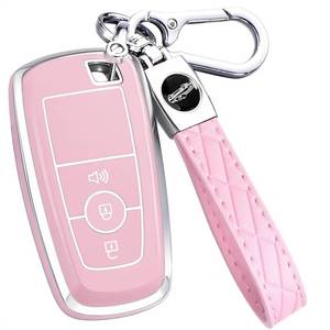 lot 2428 image: Key Fob Cover for Ford - Premium Soft TPU Shell Full Protection Case with Keychain, Fits Bronco Maverick Ranger Escape Edge EcoSport Explorer Expedition Mustang F150 F250 F350 Fusion, Pink 3-Button