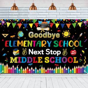 lot 4347 image: FINALFIESTA Goodbye Elementary School Next Stop Middle School Backdrop Large Size Primary School Graduation Banner Graduation Party Decorations Indoor Outdoor Photo Booth Props