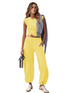 lot 4373 image: Outfeel Women 2 Piece Outfit Set Loungewear Cropped Tops and Jogger Sweatpant Matching Set Coordinated Sweatsuit with Pockets Yellow Large