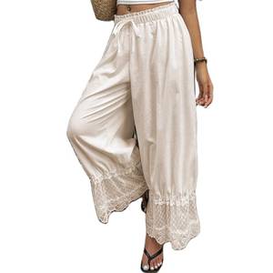 lot 4422 image: Womens Y2K Lace Trim Hem Long Bloomers Elastic Mid Rise Ruffle Pantaloons Cropped Flared Slips Pants Pajama Bottoms (Apricot, M)