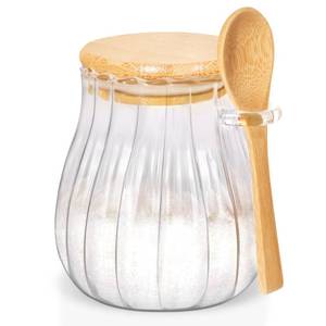 lot 4442 image: Quald 15oz Sugar Container with Bamboo Lid and Spoon,Sugar Bowl Glass Jar for Coffee Bar Accessories Coffee Canister Kitchen Decor (Medium)