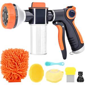 lot 5075 image: Upgrade Dog Washing Hose Attachment, 8 Way Spray Pattern Garden Hose Nozzle with Soap Dispenser, Dog Wash Supplies with 2 type Dog Bath Brush, Dog Comb and Toothbursh, Car Washing Mitt