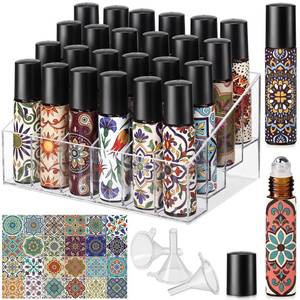 lot 5106 image: Sumind 24 Pack Essential Oil Roller Bottles 10ml Refillable Amber Glass Roller Bottle Organizer Stainless Steel Balls and Caps Boho Stickers Funnel Leak Proof for Travel Perfume Lip Gloss DIY Gift