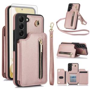 lot 6252 image: Asuwish Phone Case for Samsung Galaxy S22 5G RFID Wallet Cell Cover with Tempered Glass Screen Protector Crossbody Strap Credit Card Holder Slot Stand S 22 22S 4G G5 6.1 inch Women Men Rose Gold