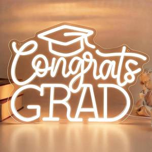 lot 8005 image: Congrats Grad Neon Sign with Graduation Cap, Warm White LED Neon Light with Dimmer, USB Powered Neon Sign for Wall Decor, Classroom, Party, Graduation Celebration Gift (16.5 x 10.7 in)