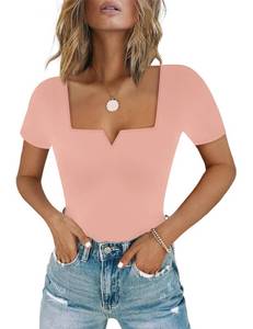 lot 8029 image: Chunpin Women��s Square Notch V Neck Bodysuit Top Outfit Coralpink S
