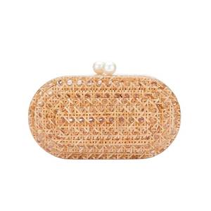 lot 9536 image: RomanticDesign Women Acrylic Handbag Rattan Woven Pattern Square Box Crossbody Handbag Shoulder Bag Chain Purse (Z-brown)