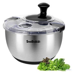 lot 9556 image: Stainless Steel Salad Spinner, 4.8 Qt Vegetable Washer, BPA-Free Lettuce Dryer with Crank Design, Easy Clean, Non-Slip Base - Transparent Lid