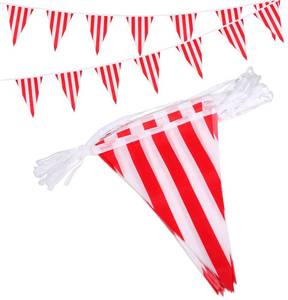 lot 10256 image: Red & White Striped Pennant Banners, Reusable Polyester Cloth Flags for Carnival Circus Party Decorations, Birthday Celebrations, Tent Camping (30 Feet - 21 Large Flags)