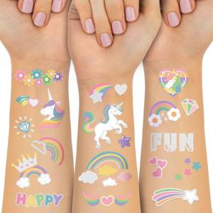 lot 10280 image: Waterproof Temporary Tattoos - 118pcs Groovy Fake Tattoo for Kids Birthday Party Supplies, Star Unicorn Smiley Rainbow Flower Candy Crown Arts and Crafts for Boys or Girls 6 7 8 9 10 11 12 years old