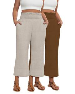 lot 10316 image: Oakgarden 2 Pack Womens Plus Size Linen Pants, Elastic Waist Flowy Cropped Pants Casual Wide Leg Capri Palazzo Trousers(Brown, Khaki,3X-Large)