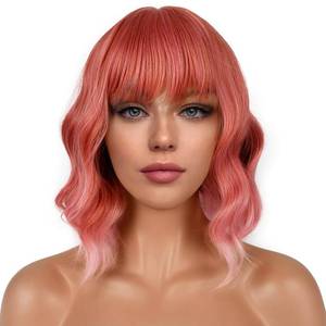 lot 12448 image: Lancaini Short Bob Wig with Bangs Loose Wavy Dark Pastel Pink