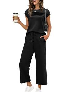 lot 13576 image: Plus Size Summer Fall Outfits Two Piece Sets for Women Lounge Sets Fashion Clothing Winter Casual Short Sleeve Travel Tracksuit Wide Leg Loungewear Vacation Trendy Sweatsuit Dressy Halloween Black 3XL