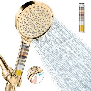 lot 13614 image: Cobbe Filtered Shower Head with Handheld, High Pressure 6 Spray Mode Showerhead with Filters, Water Softener Filters Beads for Hard Water - Remove Chlorine - Reduces Dry Itchy Skin, Egyptian Gold