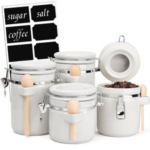 lot 13623 image: ZEBERBO 4 Piece Airtight Ceramic Canister Set With Attached Wooden Spoon Reusable Chalk Labels For Dry Goods Sugar Coffee Tea Kitchen Storage Use (White)