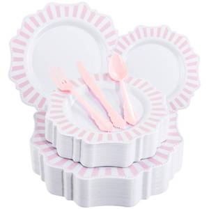 lot 13631 image: COLOSUS 150PCS White Pink Plastic Plates, Party Plates and Cutlery Set.