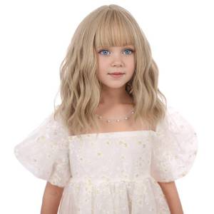 lot 14097 image: DUDUWIG Girls Ash Blonde Wig Kids Short Blond Wavy Curly Wig Blonde Wig with Air Bangs for Children Heat Resistant Synthetic Wig with Wig Cap