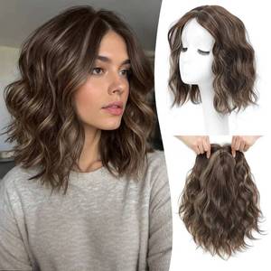 lot 14112 image: Ms Taj 11 Inch Short Wavy Hair Topper for Women with Thinning Hair, Synthetic Lightweight Breathable Hairpiece with 6.5x6.5 Base, Instantly Adds Volume and Coverage��Dark Ash Brown with Highlights��