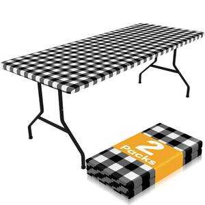 lot 14114 image: Smiry 5 Foot Picnic Table Cloth 2 Pack, Elastic Fitted Polyester Tablecloth