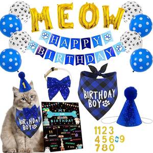 lot 14139 image: Cat Kitten Birthday Bandanas Cat Birthdays Party Supplies Party Hat Boy with Cat Birthdays Banner Balloons Meow Letter Foil Balloons for Boy Cats Kitten Decorations