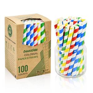 lot 14140 image: 10mm Wide Chunspak 6 Short Fat Colorful Striped Paper Drinking Straws Disposable 100 Counts for Smoothie, Milkshakes, Thick Drinks - Biodegradable
