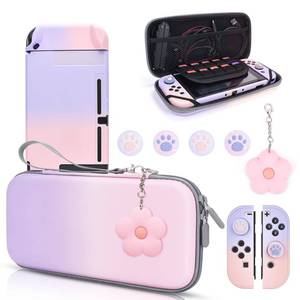 lot 14150 image: DLseego Pink and Purple Switch Case Set Gradient Carrying Case with 10 Slots Cute Protective Dockable Hard Shell with 4PCS Glitter Cat Paw Thumb Grips Caps and 1PC Flower Blossom Chain For Switch 2017