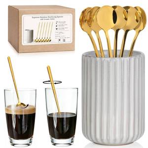 lot 14152 image: 6 Pcs 6.7 Inches Gold Coffee Spoons with Stoneware Striped Utensil Holder Tea Spoons Long Handle Coffee Stirrer Spoon Set for Coffee Bar Tea Party