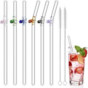 lot 14168 image: Yinkin 6 Pcs 8 Inch Octopus Glass Straw Cute Glass Straws Colorful with Design Reusable Drinking Straws with 2 Cleaning Brushes for Cocktail Coffee Wine Juice Drink Bar