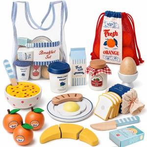 lot 14170 image: Lehoo Castle Wooden Play Food for Kids Kitchen, Pretend Breakfast Food Set