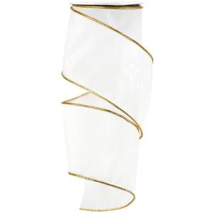 lot 14180 image: MEEDEE 4 inch White and Gold Luster Cord Ribbon 10 Yards Faux Dupioni Silk Wired Ribbon for Christmas Tree, Garland, Wreath, Gift Wrapping, Floral Arrangements, Accent Bow or Home Decor