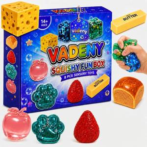 lot 14197 image: Squishy Fun Box 8 Pieces Squishy Pack Cheese Food Squishies Set Slow Rising Butter Strawberry Apple Bread Cat Paw Squishy Toys Squeeze Stress Balls for Adults