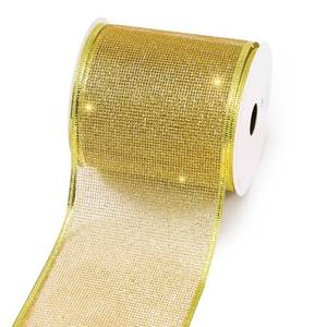 lot 14203 image: PAPER FAIR 1 Roll 4 Inch Wide 10 Yd Gold Glitter Wired Ribbon, Metallic Gold Mesh Wired Edge Ribbon for Christmas Tree D�cor, Gift Wrapping Box, Bows, Wreath, Garland, DIY Craft