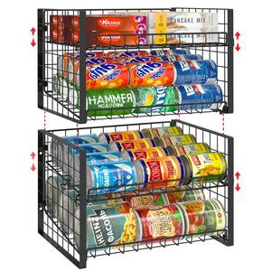lot 19830 image: JKsmart 2-Tier Stackable Can Rack Organizer for Pantry, Adjustable Can Dispenser Holds Up to 60 Cans, Can Storage Holder for Various Ounces of Canned Food Soda Drinks, Black, 2 Pack