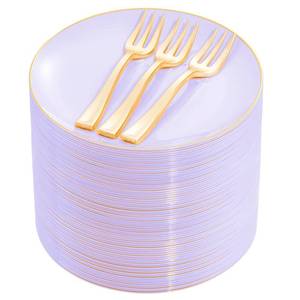 lot 19855 image: Festiva 200Pcs Purple Gold Dessert Plates 6.3 with Plastic Forks 5- Disposable Lavender Purple CakeAppetizerSalad Plates - serve 25 guests for Party&Wedding&Easter (Some Plates Cracked)