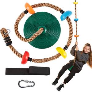 lot 19864 image: TURFEE Tree Swing for Kids - Single Disc Seat and Climbing Rope Set wCarabiner & 4 Ft Strap - Treehouse and Outdoor Playground Accessories - Green ��