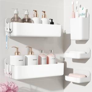 lot 19885 image: Nieifi Adhesive Shower Shelves, White, 5 Pieces
