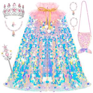 lot 20377 image: Meland Princess Dress Up for Girls 3-8, Mermaid Cape with Crown, Dress Up Clothes for Girls Birthday Gift, Christmas, Halloween Role Play Costumes, Toys for Kids Toddlers Pretend Play (CAPE ONLY)