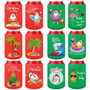 lot 20390 image: Sunnyray 12 Pcs Christmas in July Can Cooler Sleeves July Summer Beer Can Cooler Sleeves Neoprene Can Cooler Sleeves Collapsible Reusable Can Cover for Soda, Beer, Beverages for Xmas Party Supplies