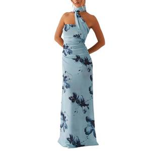 lot 20396 image: Women Summer Floral Formal Wedding Guest Dress Strapless Tube Dress with Scarf Summer Cocktail Long Maxi Dresses (Blue, Small)