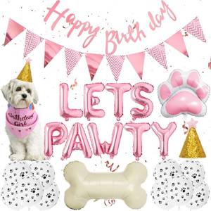 lot 20402 image: Dog Birthday Decorations Girls - Dog Party Decorations Cute Dog Girl Birthday Bandana Hats Happy Birthday Banner Pennant Pink Dog Paw Bone Foil Balloons for Pet Puppy Party Supplies