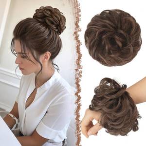 lot 20408 image: FESHFEN Large Messy Bun Hair Piece - Wavy Synthetic Chignon Scrunchies Elastic Ponytail Hair Extensions Thick Hairpieces for Women, Dark Brunette Brown 1.94oz